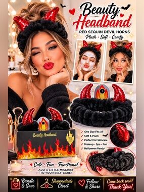 Beauty Headband with Red Sequin Devil Horns – Plush Spa & Makeup Headband – NWT